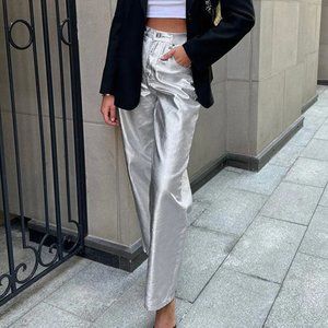 Metallic Leather Straight Leg Pants